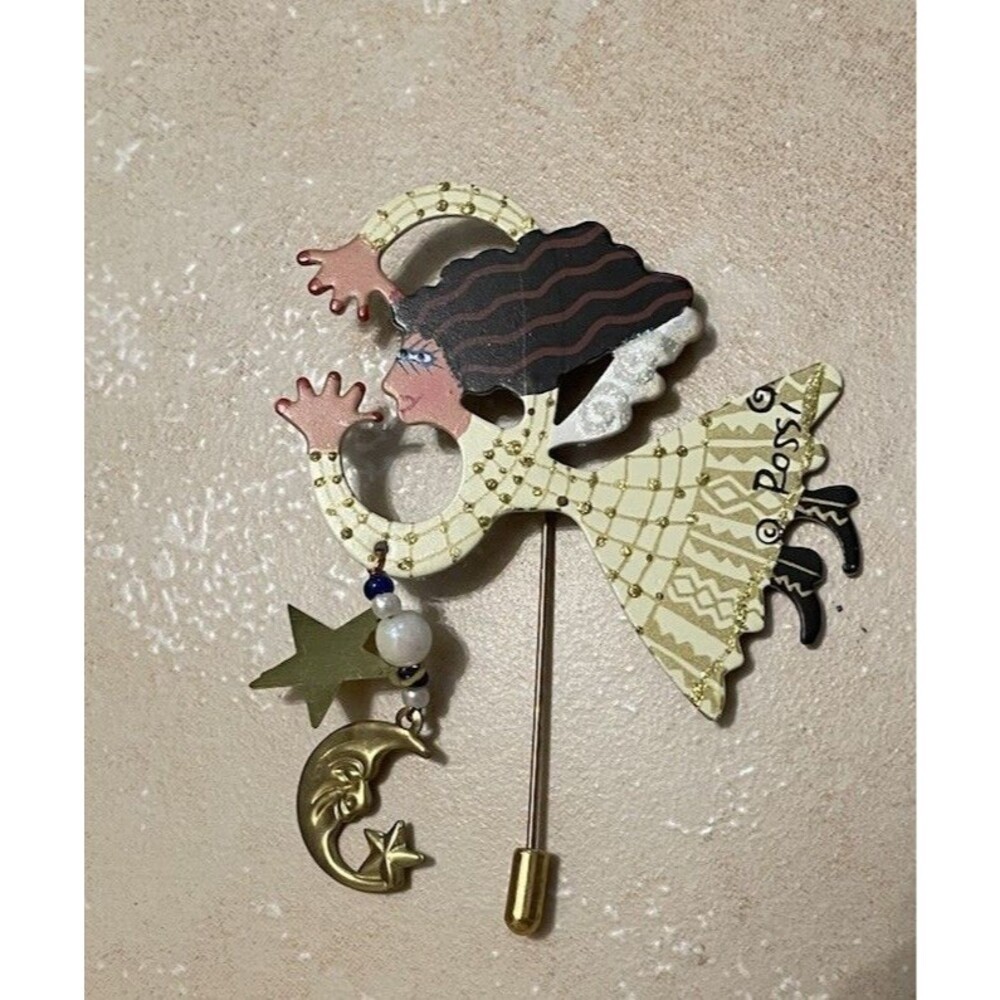Vintage Rossi Metal Flying Woman Stick Pin- Signed, Beige/Gold Dress